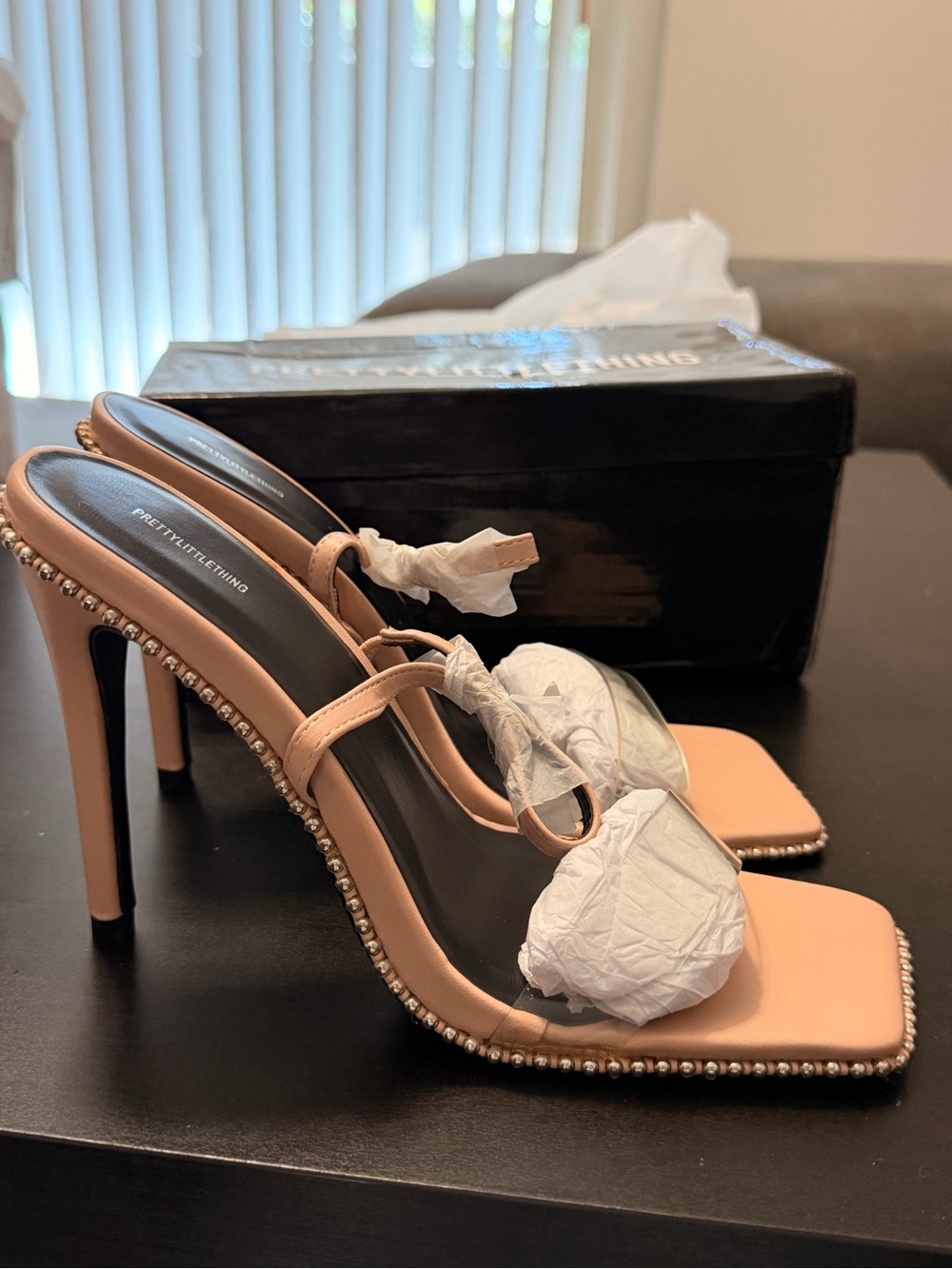 PrettyLittleThing Nude Blush Crystal-Embellished Stiletto Sandals